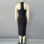 beatrice flower rhinestone feather halter Midi Dress in Black