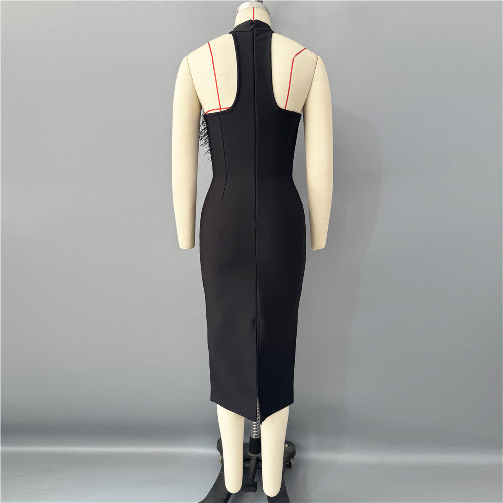 Beatrice Flower Rhinestone Feather Halter Midi Dress In Black