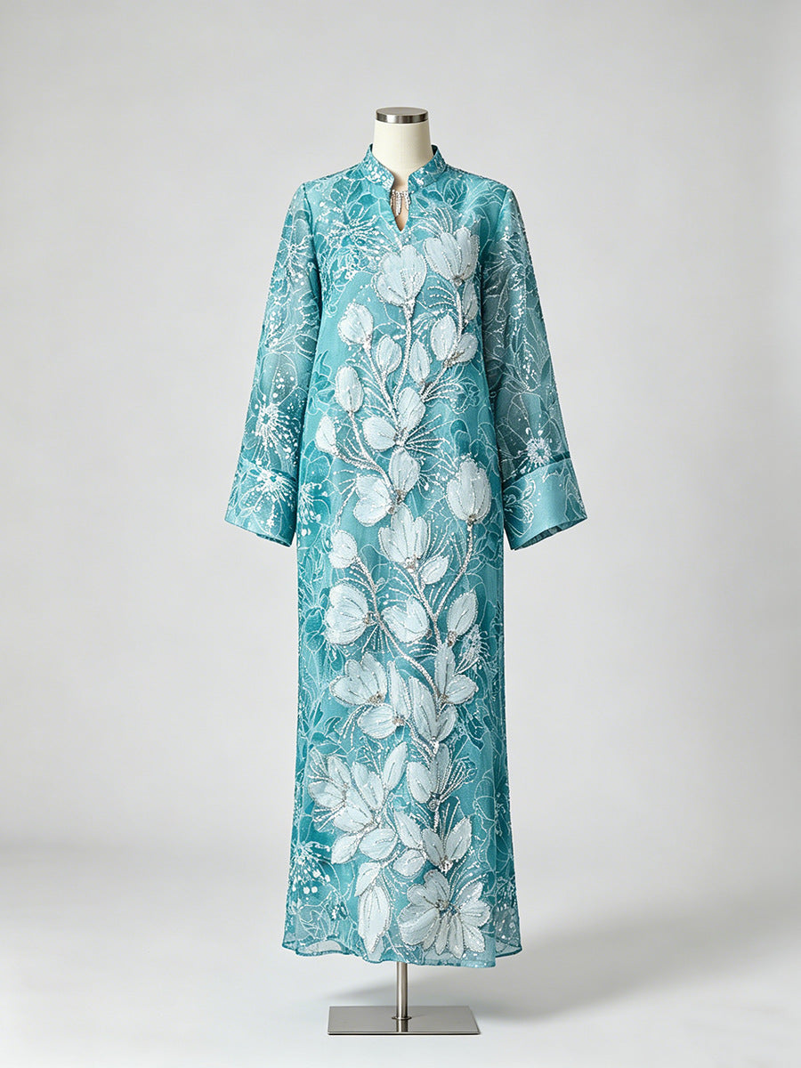 vivien Beaded floral embroidery maxi dress - blue