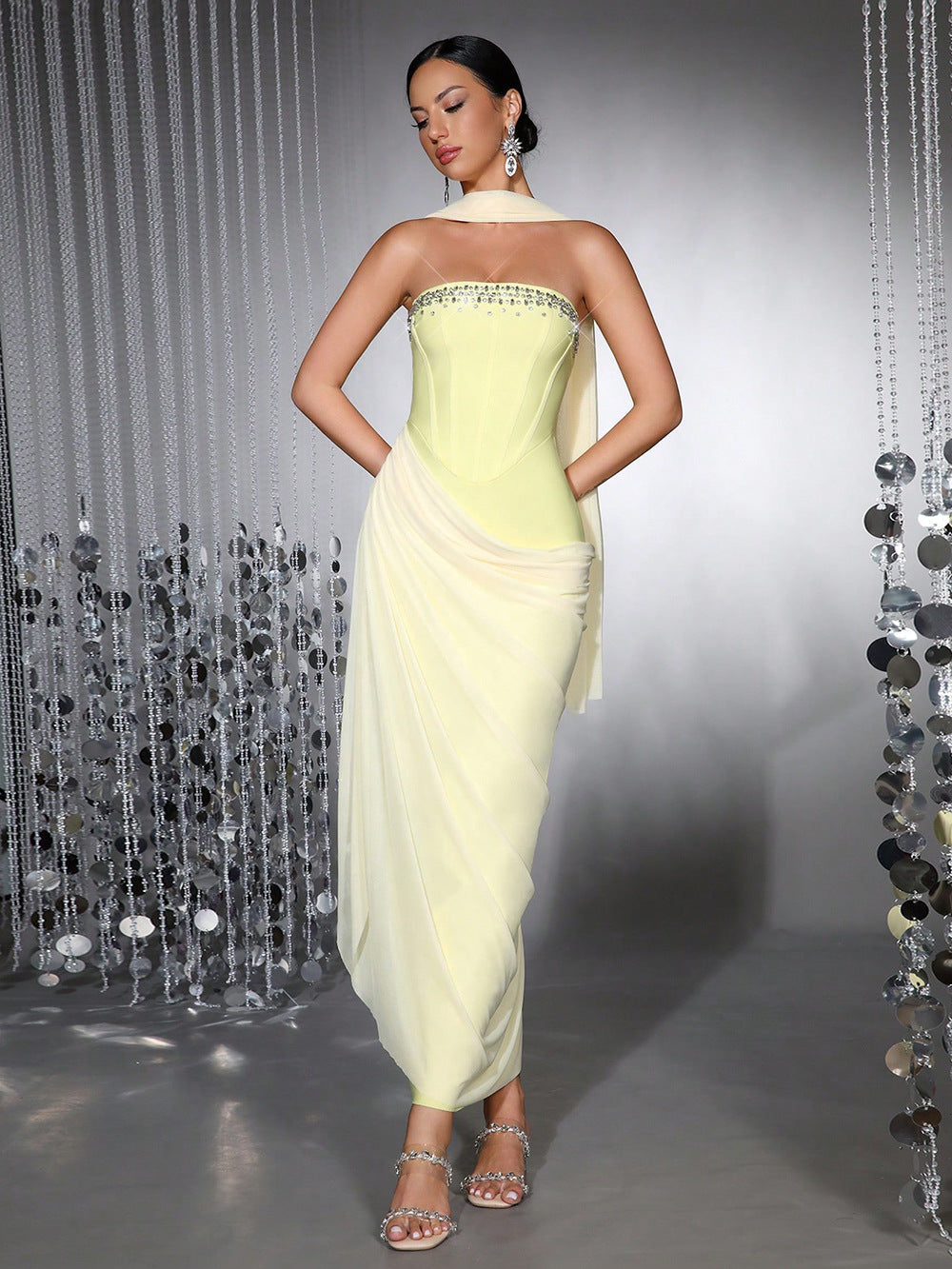 Flowering Girl Women Rhinestone Patchwork Strapless Herringbone Maxi Dress - Yellow