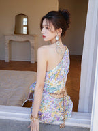 Dolores French-Style Printed Off-Shoulder Single-Sleeve Slit Mini Dress