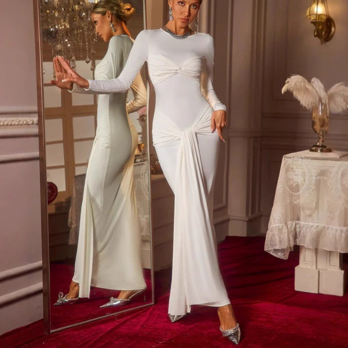 Flowering Girl Women Long-sleeved ribbon-trimmed round-neck maxi dress