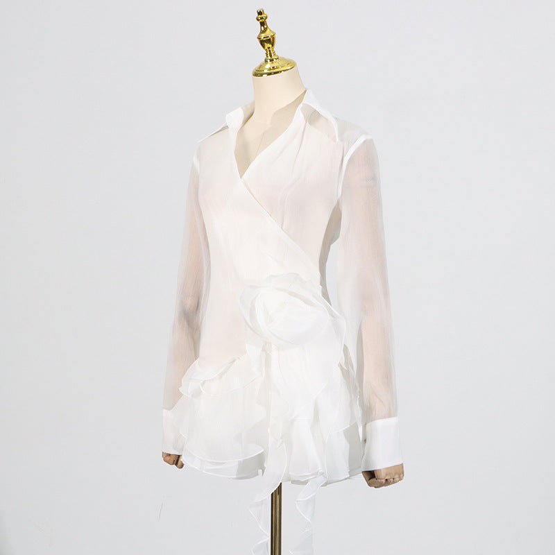 Flowering Girl Women flower ruffle ribbon mini dress in white