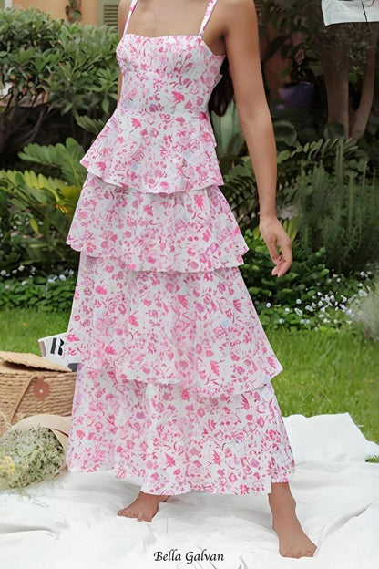 zara floral print layered strappy maxi dress in pink