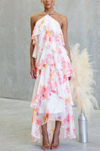 Floral Ruffle Halter Neck Midi Dress - pink