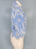 Blue & White Embroidered Puff Sleeve Lace Blouse