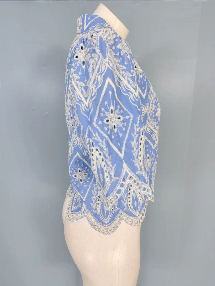 Blue & White Embroidered Puff Sleeve Lace Blouse