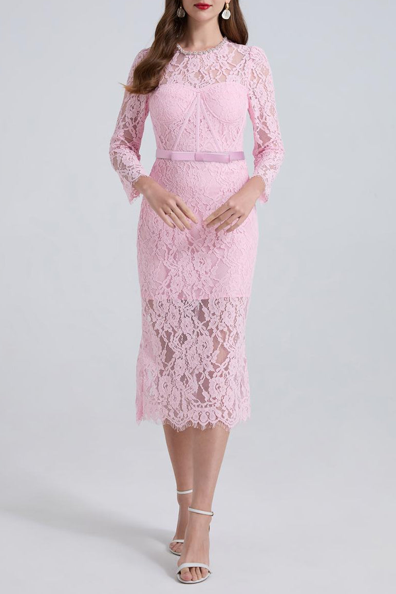 Bernice Rhinestone Fishbone Lace Midi Dress In Pink
