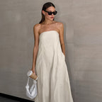 Flowering Girl Women cotton linen strapless A-line midi dress