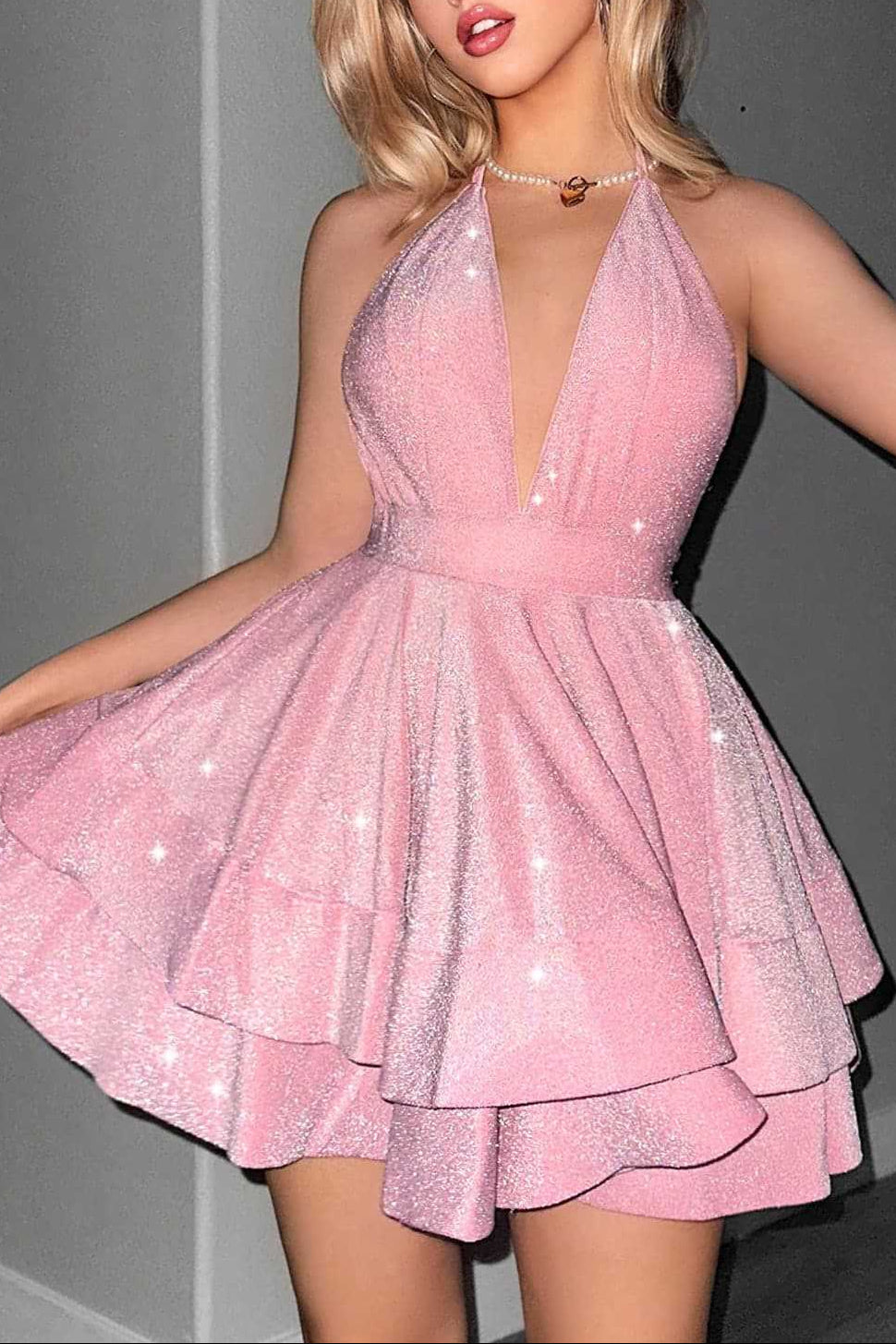Virginia A Line Halter Tiered Mini Dress In Pink