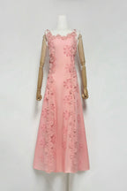 Flowering Girl Women Lace Trim Embroidery Hollow Midi Dress In White