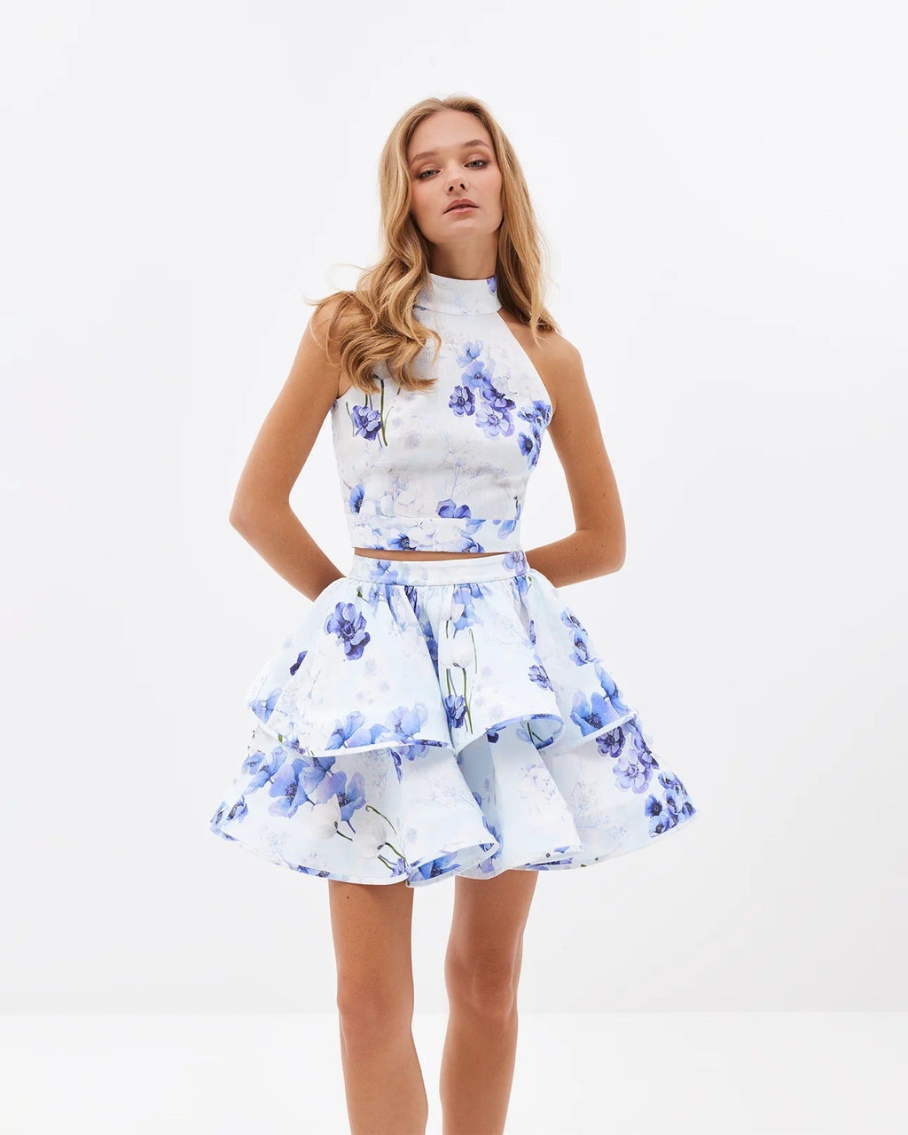 Flowering Girl Women jessica printed backless halter top skirt set in blue