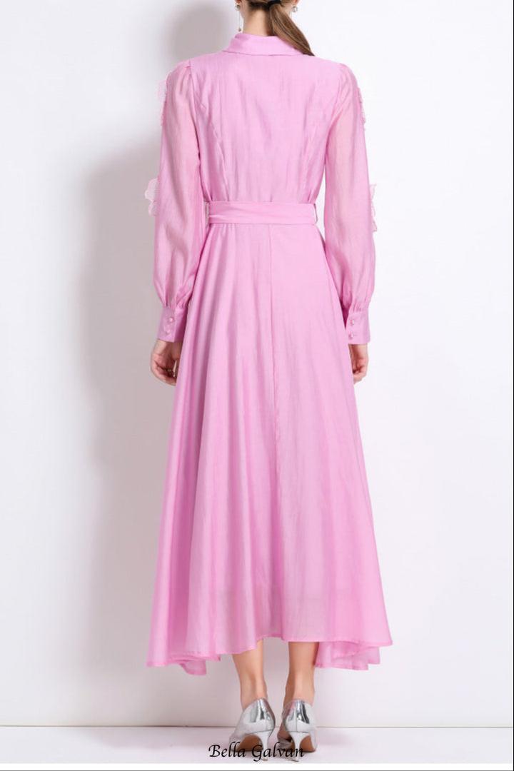 sally Lapel embroidered appliqué midi dress in pink