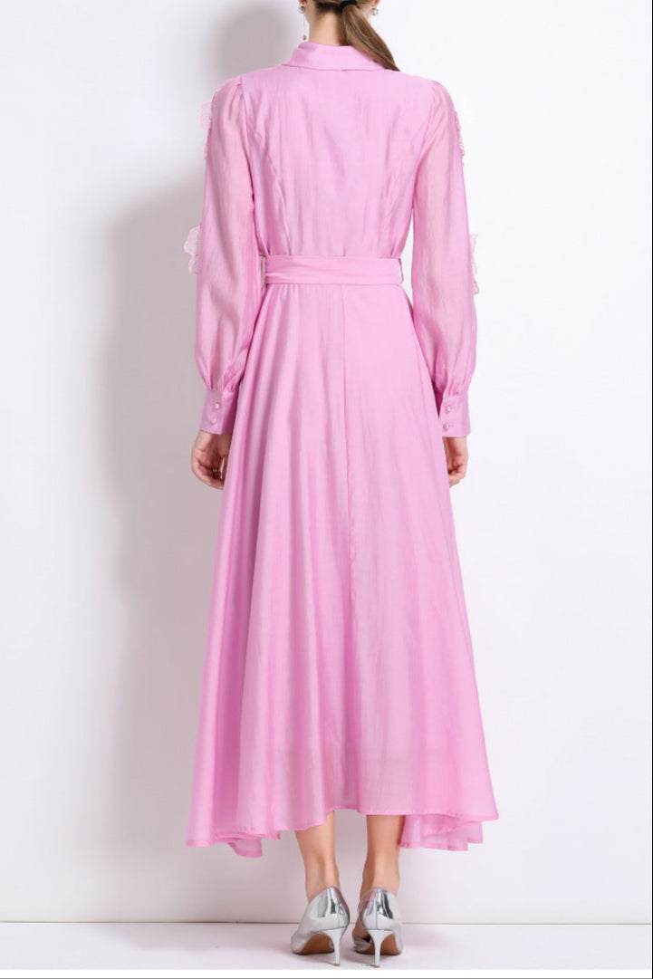 Sally Lapel Embroidered Appliqué Midi Dress In Pink