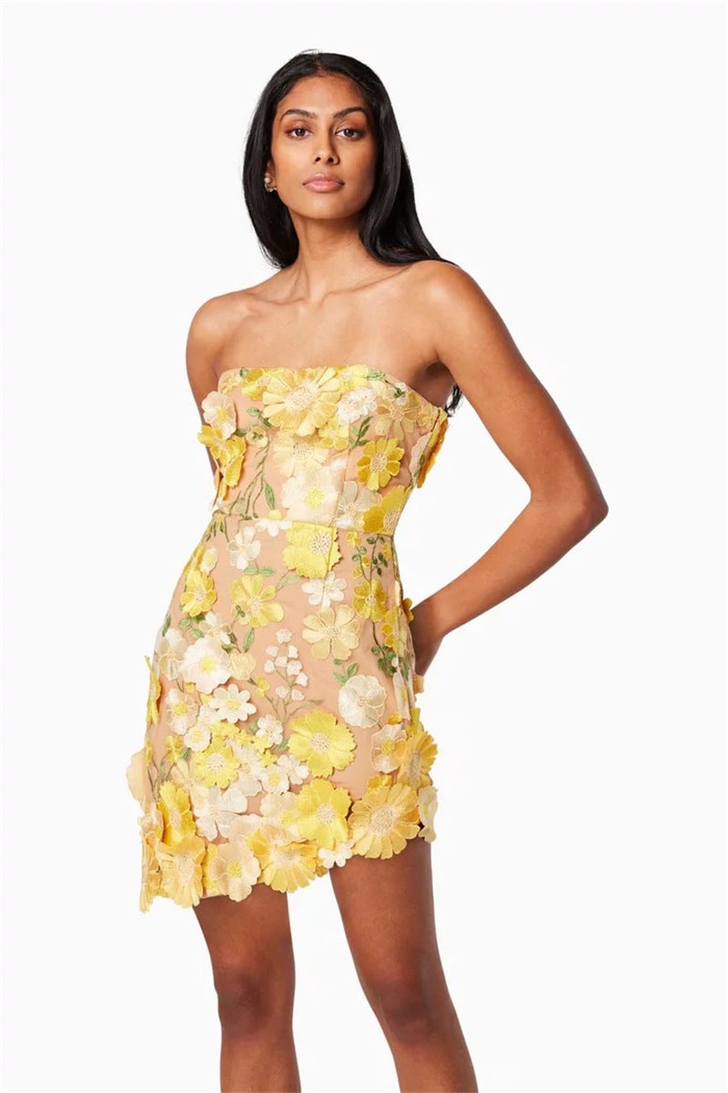 Flowering Girl Women Strapless floral Mini Dress in yellow
