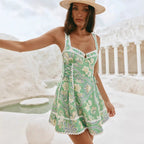 green linen sleeveless camisole lace dress