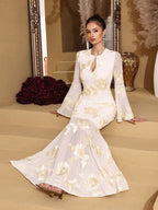 Flowering Girl Women Trumpet Sleeve Hip-Hugging Mesh Embroidery Maxi Dress In Pale Yellow