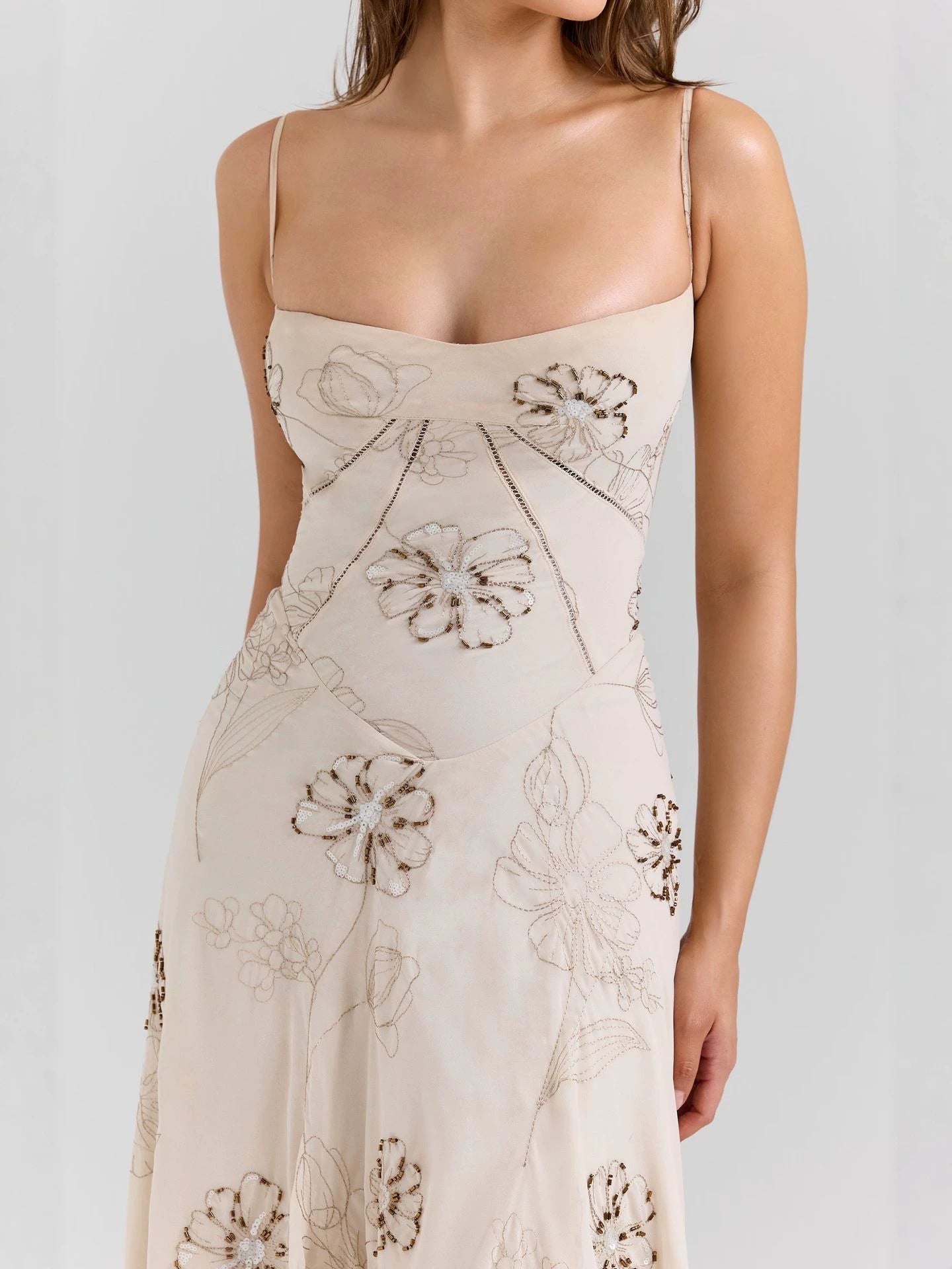 Vintage embroidered hollow slip maxi dress - white