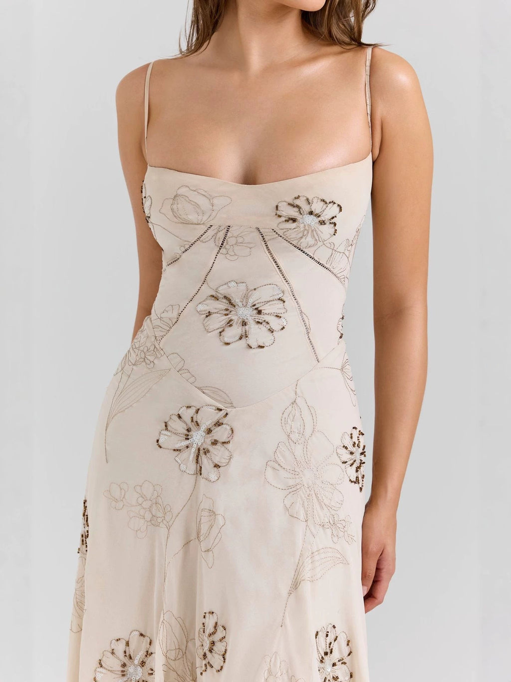 Beige Floral Beaded Spaghetti Strap Maxi Dress