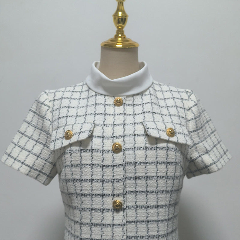 Flowering Girl Women Decorative Buttons Check Mini Dress In White
