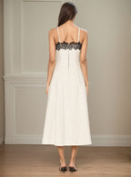 Flowering Girl Women Off White Thin Strap Black Lace Trim Midi Dress Slim Fit Flowy Linen Blend Slip Dress