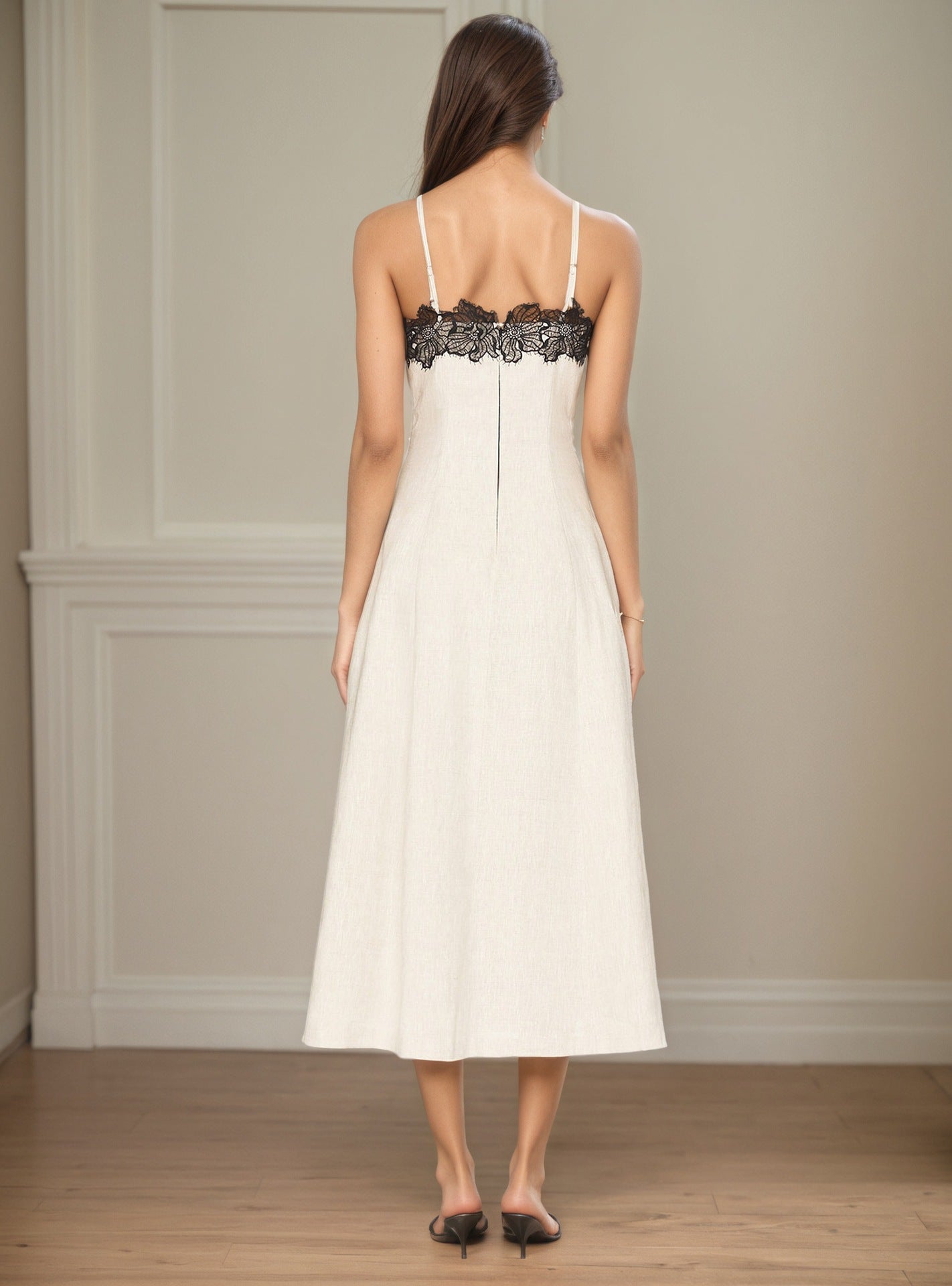 Flowering Girl Women Off White Thin Strap Black Lace Trim Midi Dress Slim Fit Flowy Linen Blend Slip Dress