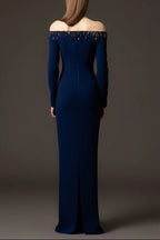 navy blue one-line collar bead diamond long dress