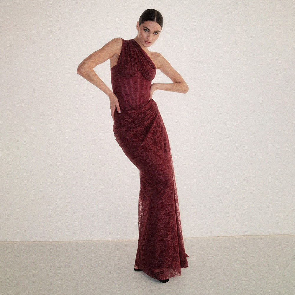 Wendy One-Shoulder Lace Maxi Dress In Burgundy