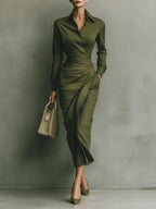 Flowering Girl Women green Long Skirt Shirt Collar Long Sleeve Pocket maxi Dress