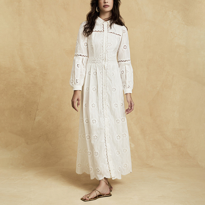 Flowering Girl Women retro single-breasted hollow lace midi dress in white