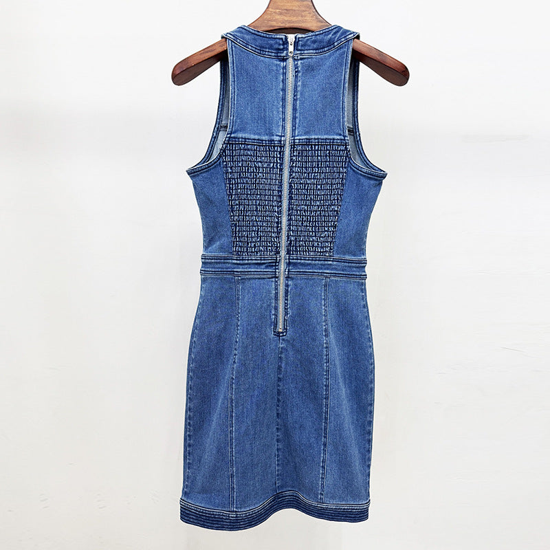 selena buttoned lace-up sleeveless mini dress in navy blue
