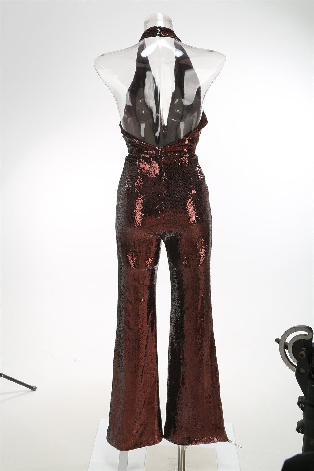 Flowering Girl Women Nora Brown Sequin Halterneck Deep V High Waist Flared Jumpsuit