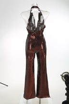 Flowering Girl Women Nora Brown Sequin Halterneck Deep V High Waist Flared Jumpsuit