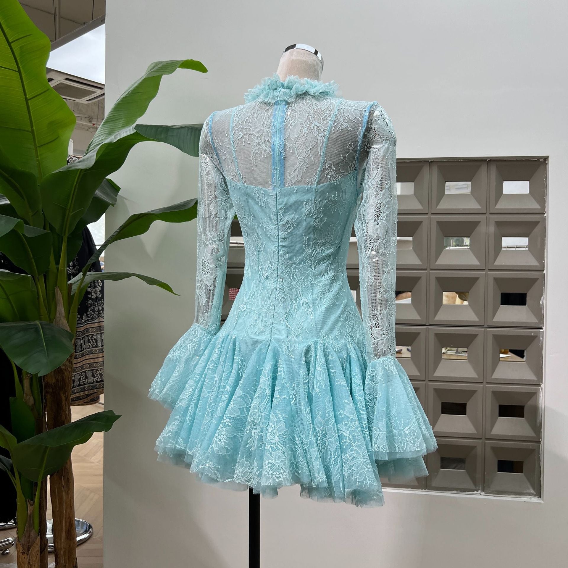 blue  Embroidered Flared Mini Dress