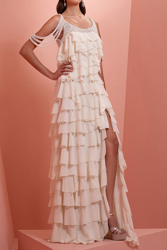 Flowering Girl Women white nail bead layered lotus leaf slit maxi dress