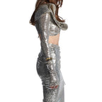 Flowering Girl Women crop top drape skirt set in silver
