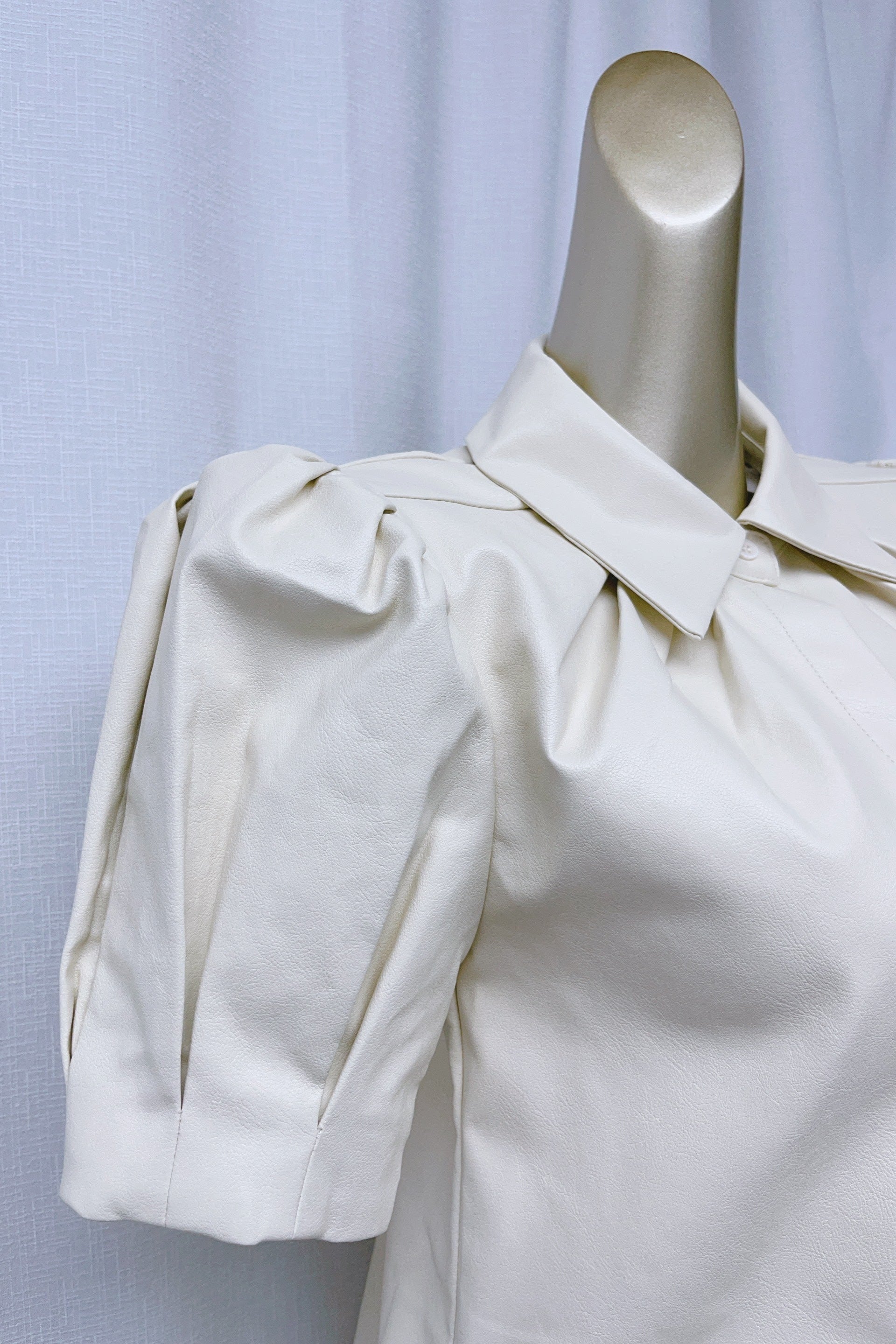 Flowering Girl Women White Lapel Collar Leather Puff Sleeves Mini Dress