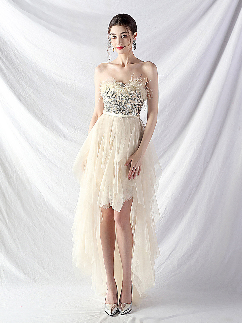 Strapless Feather Tulle Midi Dress