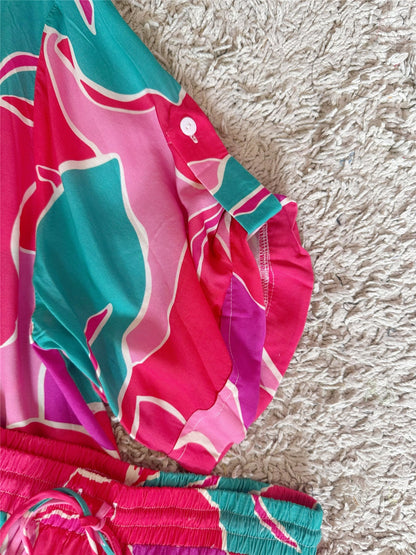 Vibrant Tropical Leaf Print Shirt & Wide Leg Pants Two-Piece Set