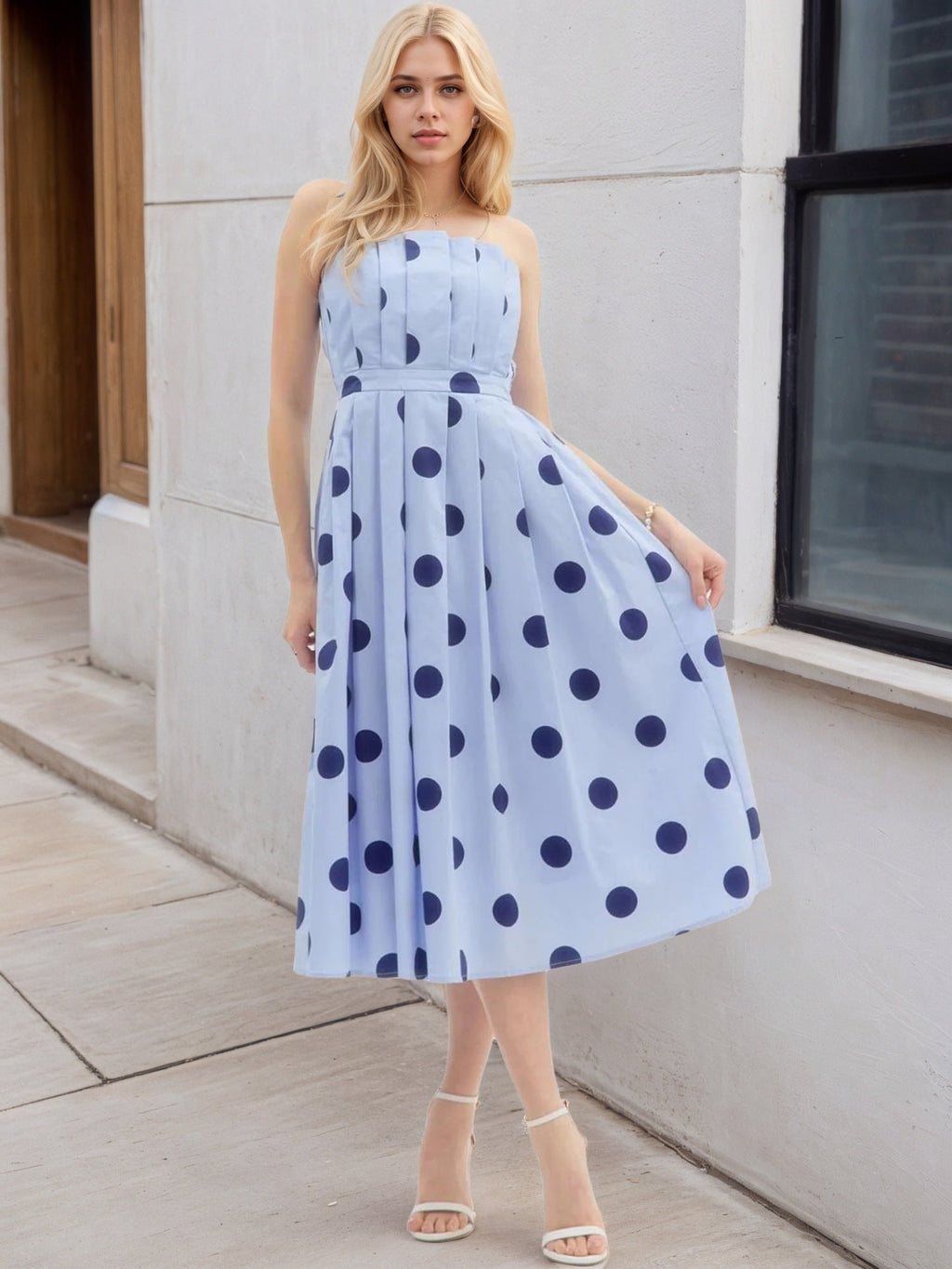 Flowering Girl Women Light Blue Polka Dot Strapless Pleated Waist Midi Swing Dress Women Vintage Holiday Dress
