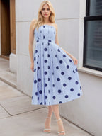 Flowering Girl Women Light Blue Polka Dot Strapless Pleated Waist Midi Swing Dress Women Vintage Holiday Dress