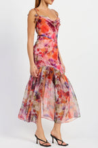 Red Multi Floral Tie Strap Midi Dress