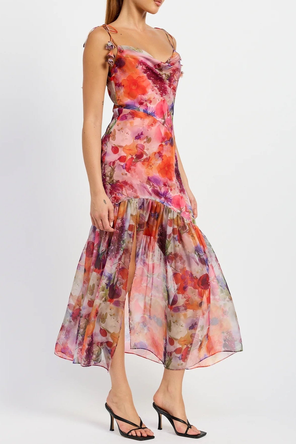Red Multi Floral Tie Strap Midi Dress
