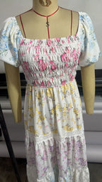Puff-sleeved printed pleated lace strapless maxi dress