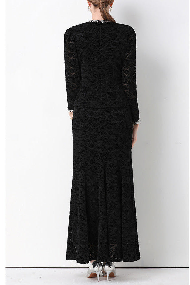 georgia Beaded V-neck lace top & fishtail skirt set - black
