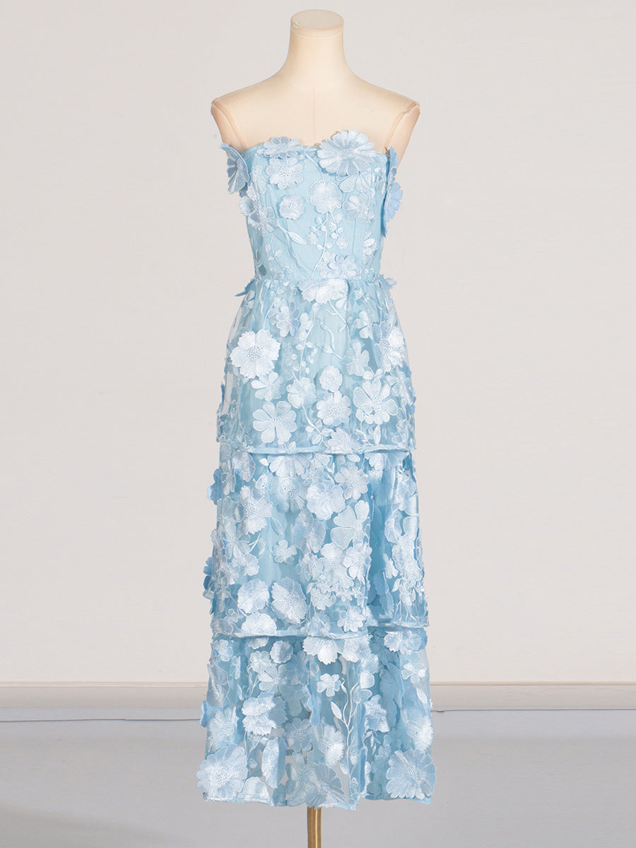 Flowering Girl Women Selene 3D Flower Tiered Maxi Dress In Blue
