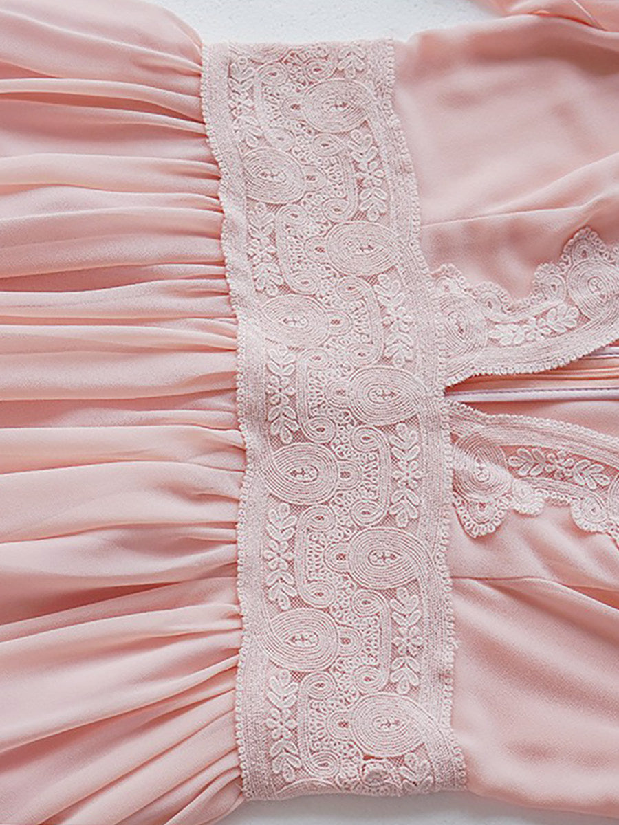 Blush Pink Lace-Trimmed V-Neck Maxi Dress