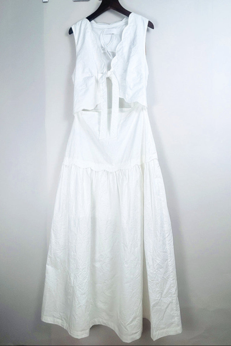 Flowering Girl Women Scallop Trim V-Neck Crinkled Maxi Dress In Ecru