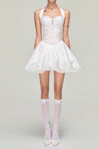 halter embroidered hollow mini dress in white