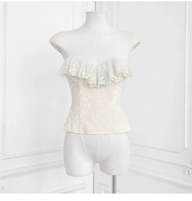 Flowering Girl Women Strapless Ruffle Lace Trim Velvet Jacquard Corset Top